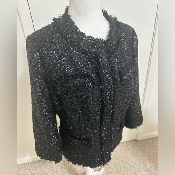 Chico's Women Black Tweed Sequin Blazer/Jacket with Fringe size 1 or small - Picture 3 of 7